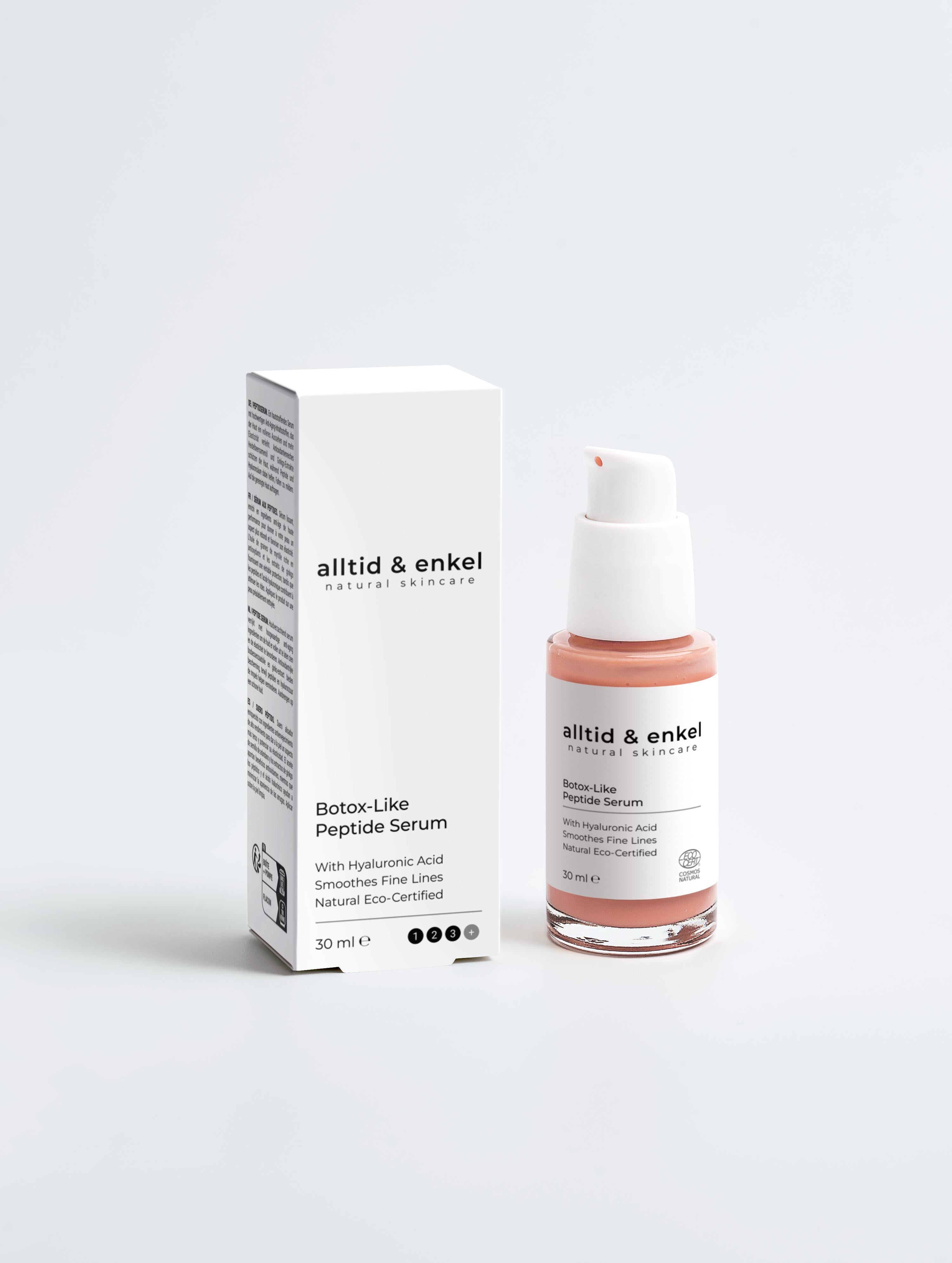 Botox peptide serum in a sleek white bottle with box on a white background, 30 ml.